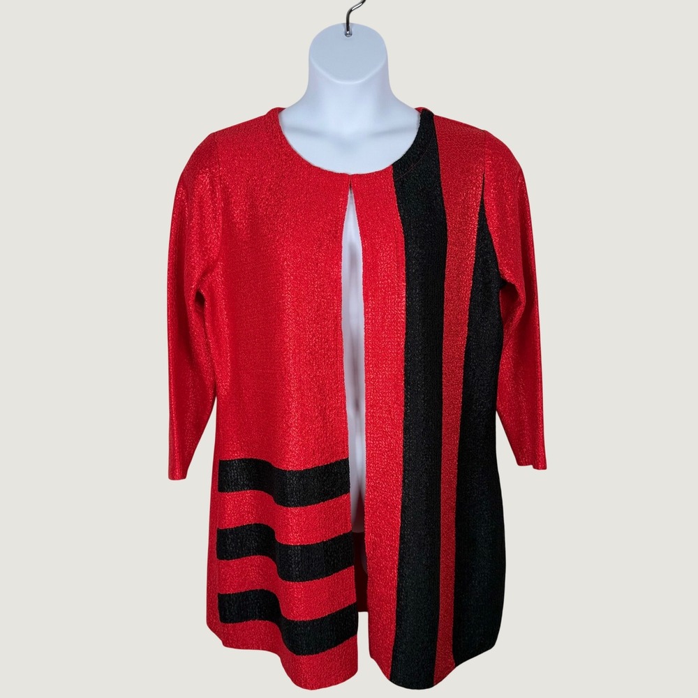 Berek XL Red Black Crinkle Textured Knit Long Cardigan Jacket Art to Wear